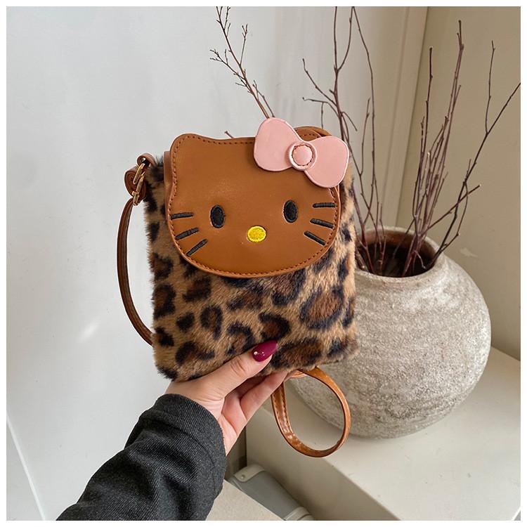 Hello Kitty Fashionable Unisex Nylon Crossbody Bag With Leopard Pattern And Inner Phone Slot For Daily Use