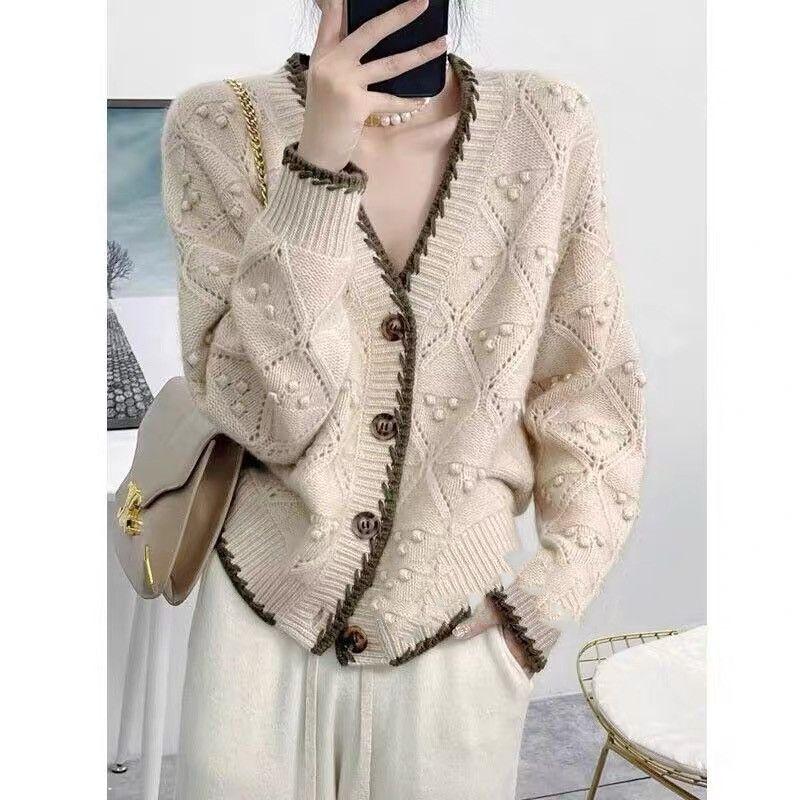 

French Gentle 100% Wool Hollow out V-neck Drum Bag Jacquard Knitting Cardigan Female Loose Patchwork Sweater Outwear Autumn Apricot color M