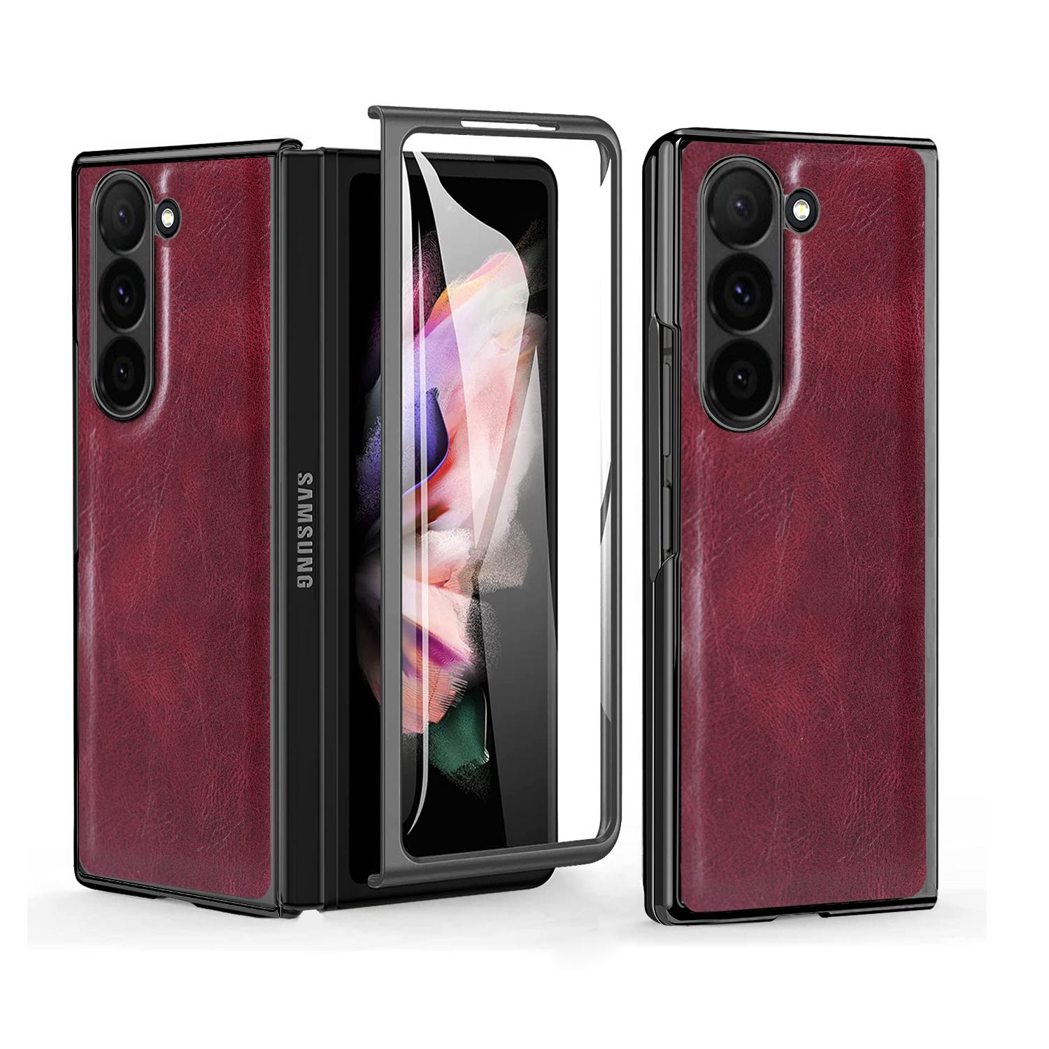 VIETAO Crazy Horse Plain PU Leather Mobile Phone Case With Temper Glass For Samsung Galaxy Z Fold 6 Fold 5 Fold 4 Fold 3 Fold 2 For Samsung Z Fold 6