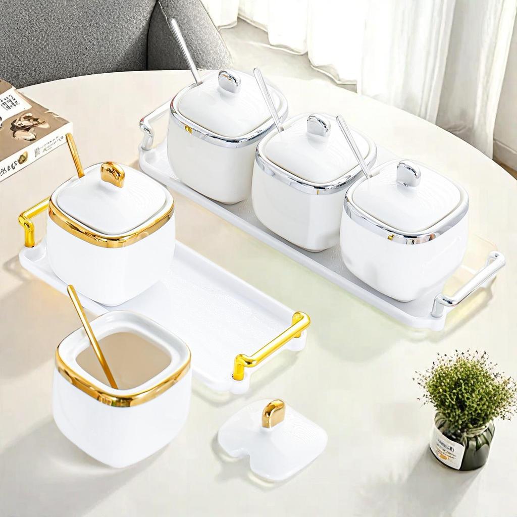 High-End Ceramic Seasoning Jar Set with Spoon - Moisture-Proof and Stylish Salt & Spice Containers for Kitchen
