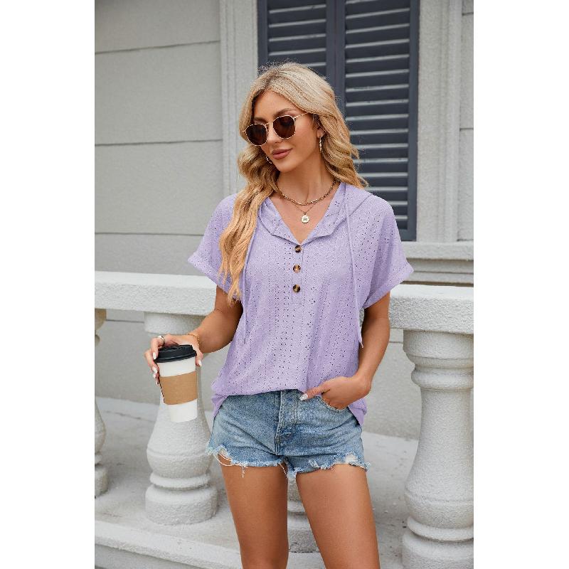 2026 Spring/Summer New Solid Color Buttoned Hooded Loose Short-Sleeve T-Shirt for Women
