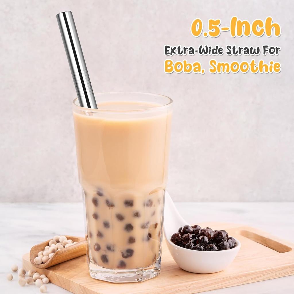 NiHome 6-Pack Stainless Steel Straws for Boba Smoothie, 0.5'' Extra Wide Reble Metal Straw, 10.5’’ Long Straight Drinking Straws for Bubble Tea