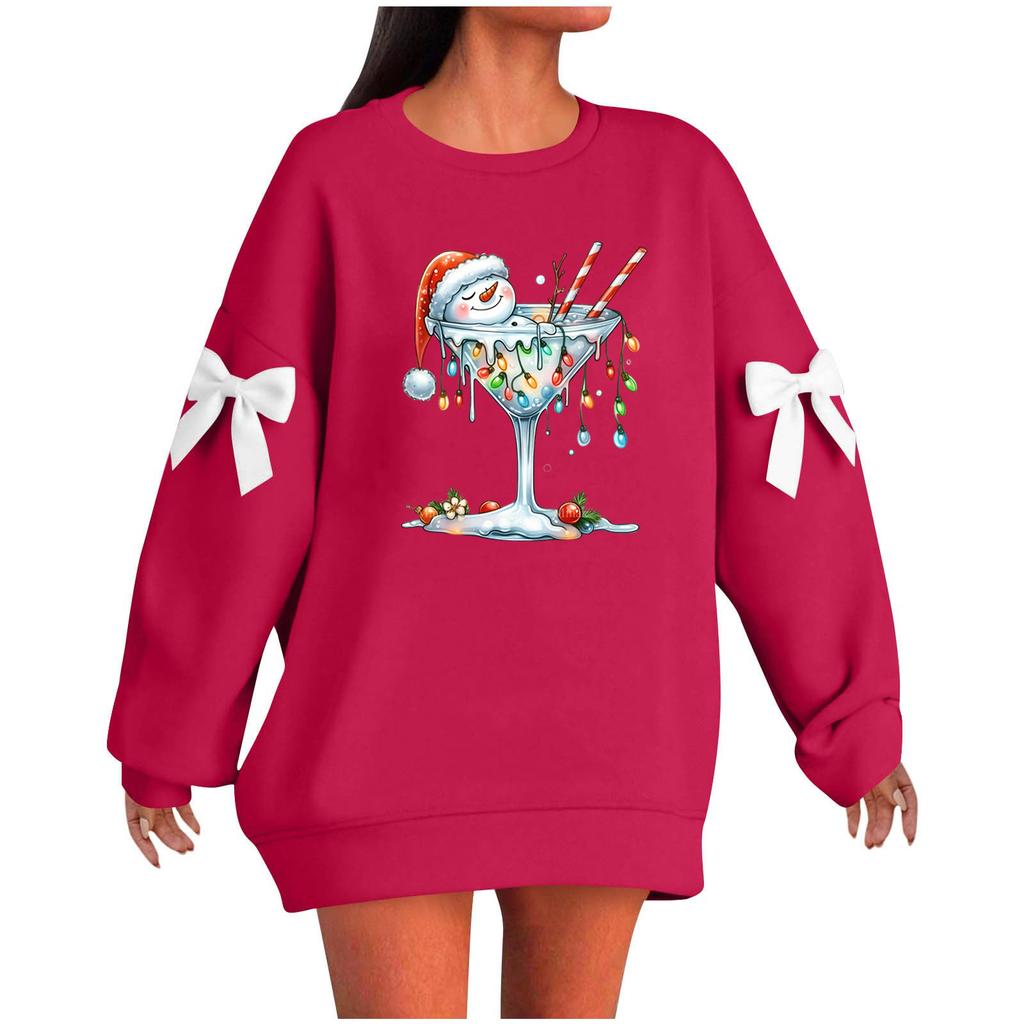 Ladies' Christmas Printed Bow Round Neck Long Sleeved Loose Pullover Sweater Sweatshirt Top