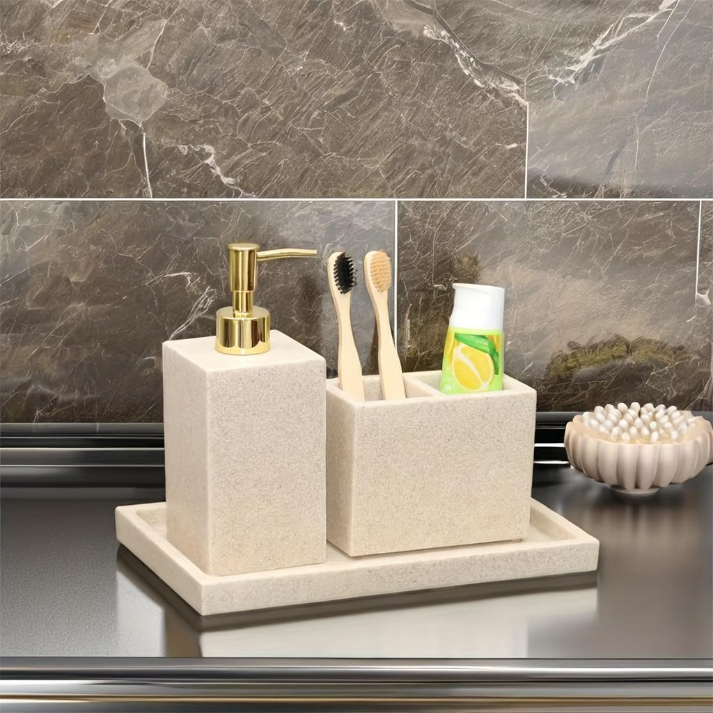 1Set/3pcs Marbled Sandstone Surface Soap Dispenser and Toothbrush Holder Countertop Tray Home Bathroom Apartment Decorative Accessories