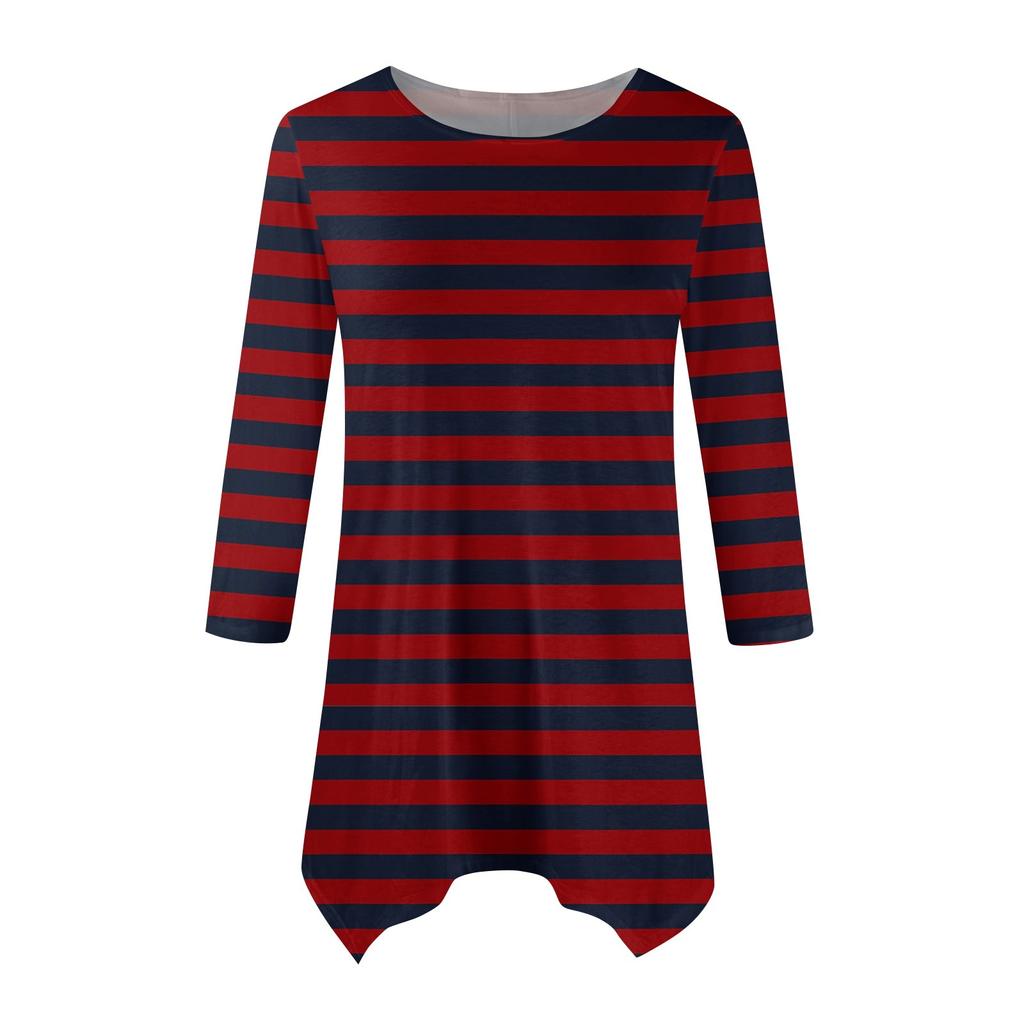 Women's Fashion Casual Round Neck Striped Printed Seven-point Sleeve Shirt Belted Loose Comfortable Top