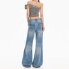 Spring Summer Vintage Blue Embroidery Relaxed Micro Flare Wide Leg Denim Pants For Ladies Casual Pants Oversize Denim Trousers
