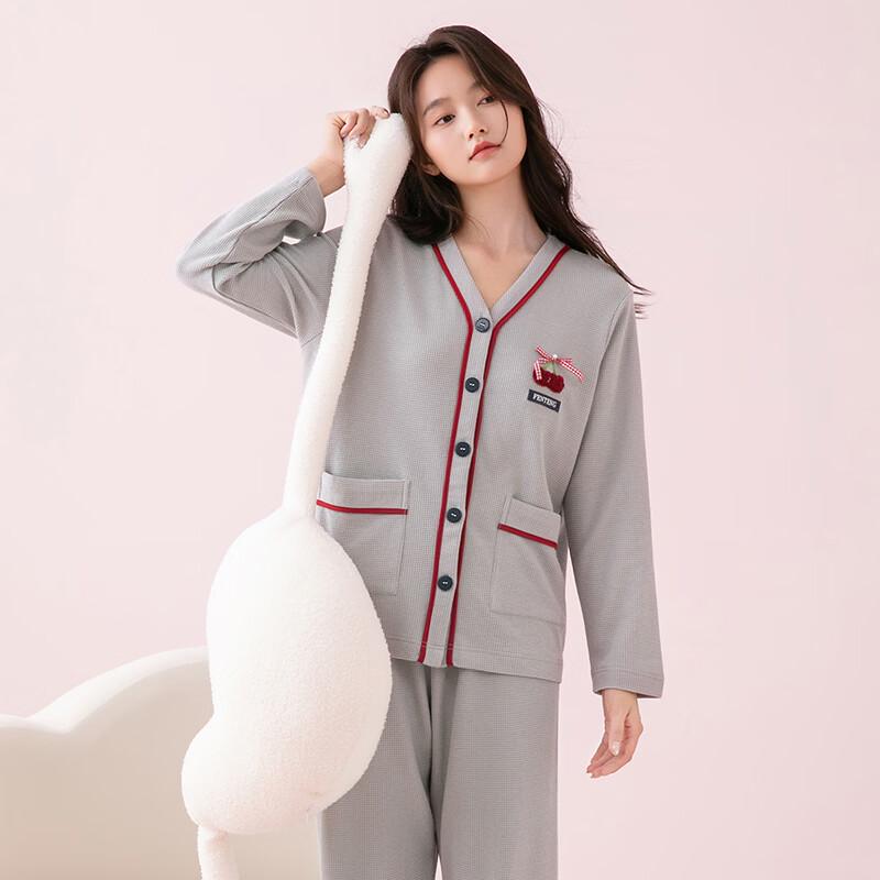 FENTENG Women's Waffle Knit V-Neck Pajama Set