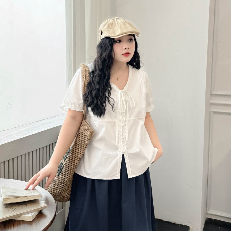 

Plus size women clothing [French style Sweet Shirts] Summer Wooden Ear V-neck Lace-up Loose Belly Covering Short sleeve Shirt Cheese White 3XL([Recommended 72.50 kg-77.50 kg]])