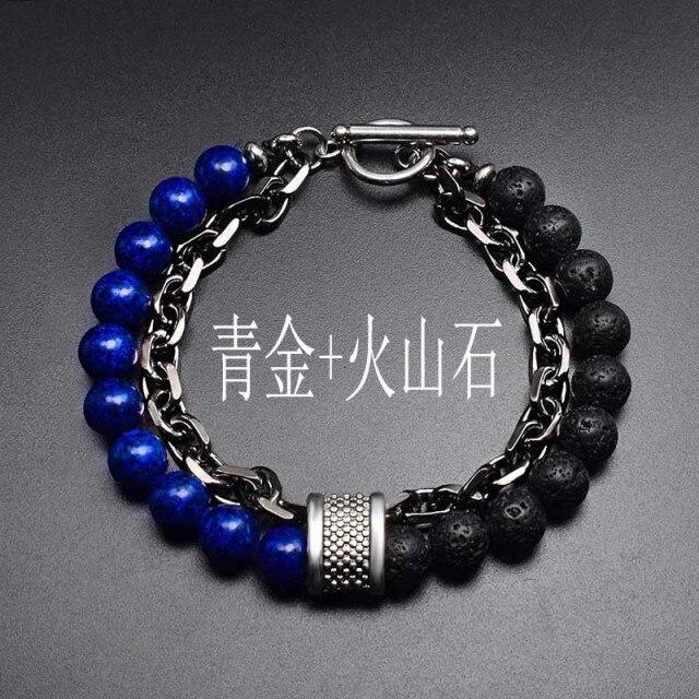 Latest Black White Stone Men 'S Bracelets Double Chain Link Stainless Steel Beaded Bracelets Bangle Male JewelryFashion Chain