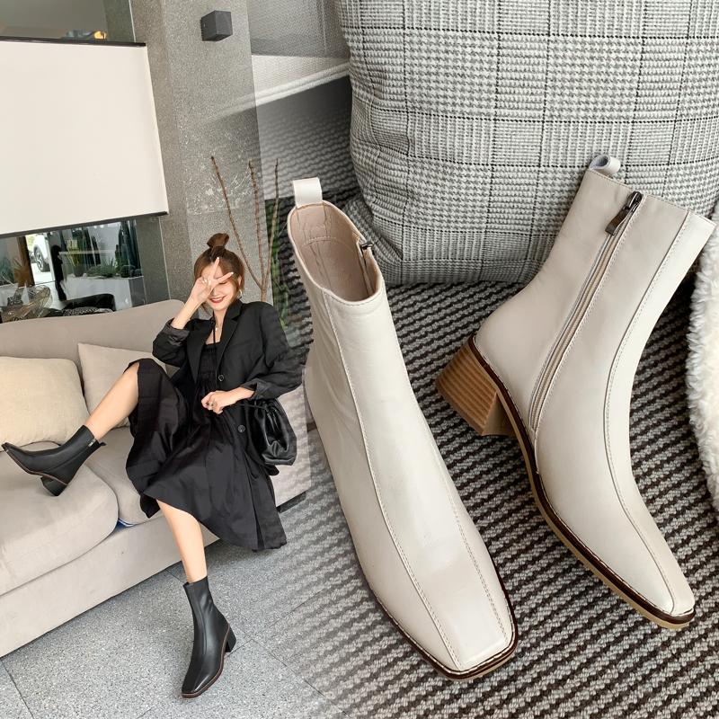 Fashion 2025 New Autumn Women Boots Genuine Leather Fashion Chelsea Boots for Women Square Toe Short Boots High Heels Ladies Shoes