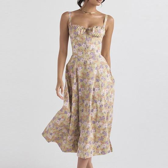 Ladies Dress Low-cut Backless Sleeve Flower Print High Tight Waist High Split Summer Midi Dress Party Prom Beach Dress