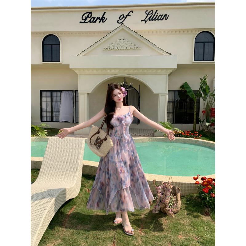 2025 Spring/Summer Plus Size Floral Chiffon Camisole Dress for Women