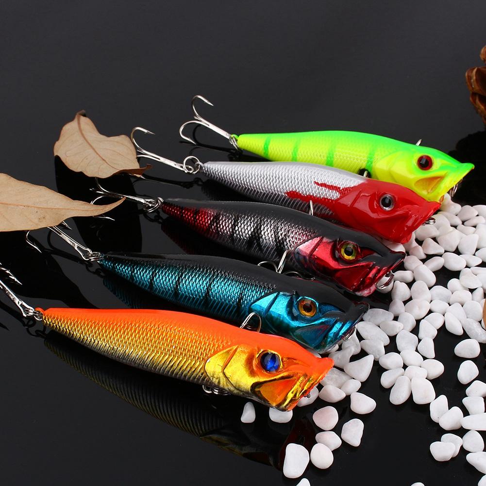 Double Hook Popper Lures 9.5cm 5pcs Topwater Bass Lures Floating Crankbaits for Casting and Trolling
