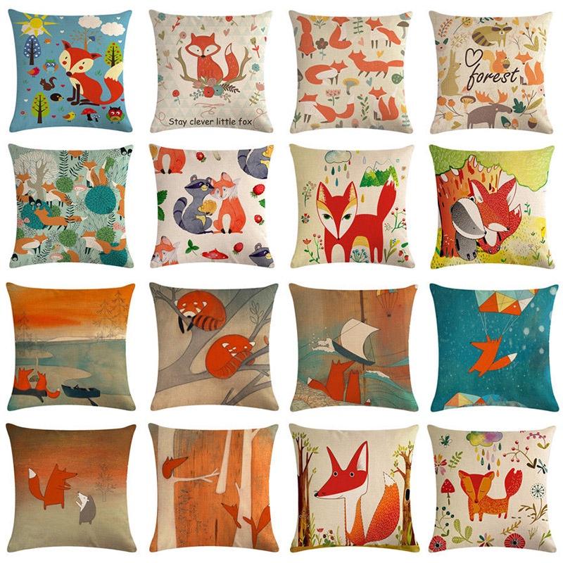 18 Fox Cartoon Linen Cotton Pillow Case Cushion Cover Sofa Home Decor Square