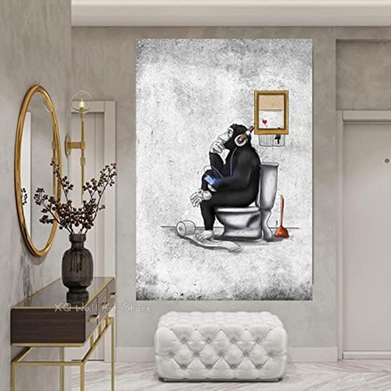 Monkey Sitting On The Toilet Thinking Canvas Painting Abstract Animal Poster Prints Wall Art Picture Living Room Decor Frameless