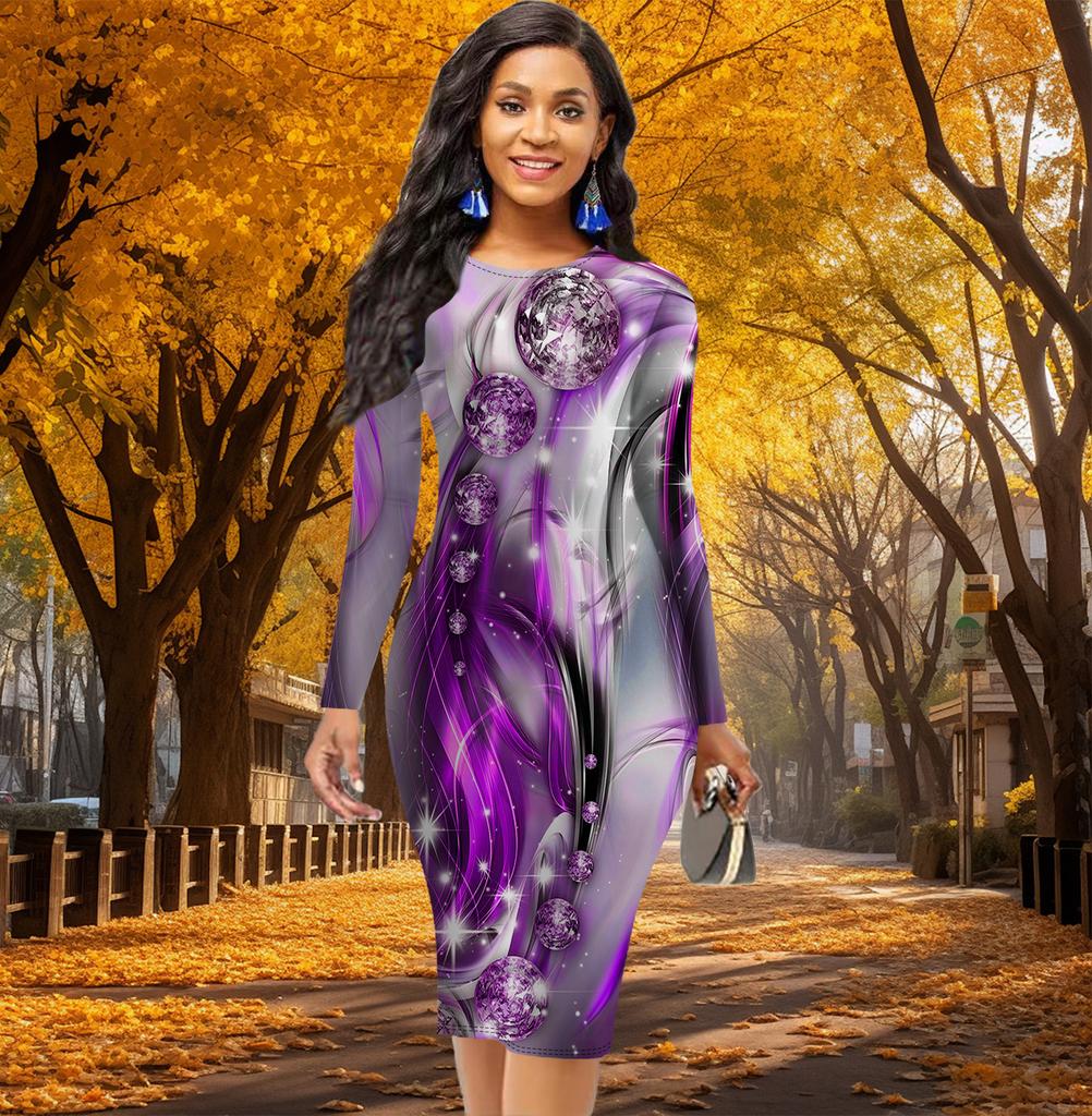 Long Sleeve Waist Tight Office Slim Fit Fashion Pearl Printing Elegant Bodycon Dress