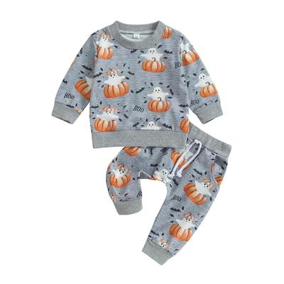 Baby Boys Halloween Clothes Pumpkin Print Long Sleeve Sweatshirt and Elastic Pants 2 Piece Tracksuit for Toddler