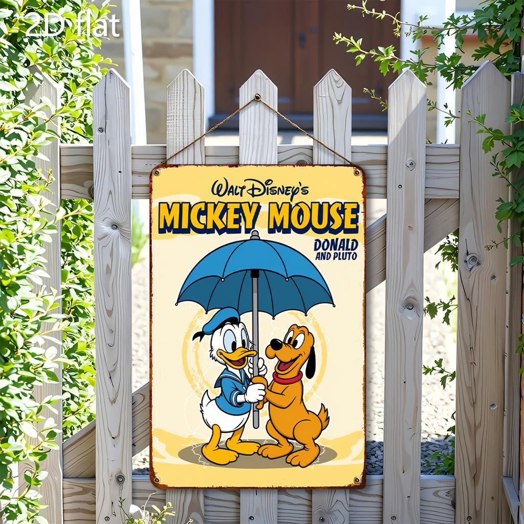 2D Flat, 2D Flat Disney Donald Duck and Pluto Iron Wall Art - 20.32x30.48 Cm Vintage Tin Sign Style, Weather-Resistant Indoor/Ou