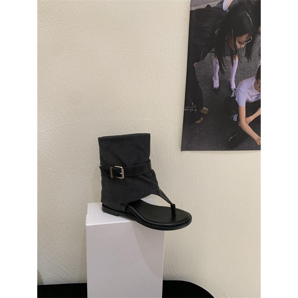 Retro Hong Kong style summer fashion cool boots casual belt buckle toe versatile short boots wedge heel shoes