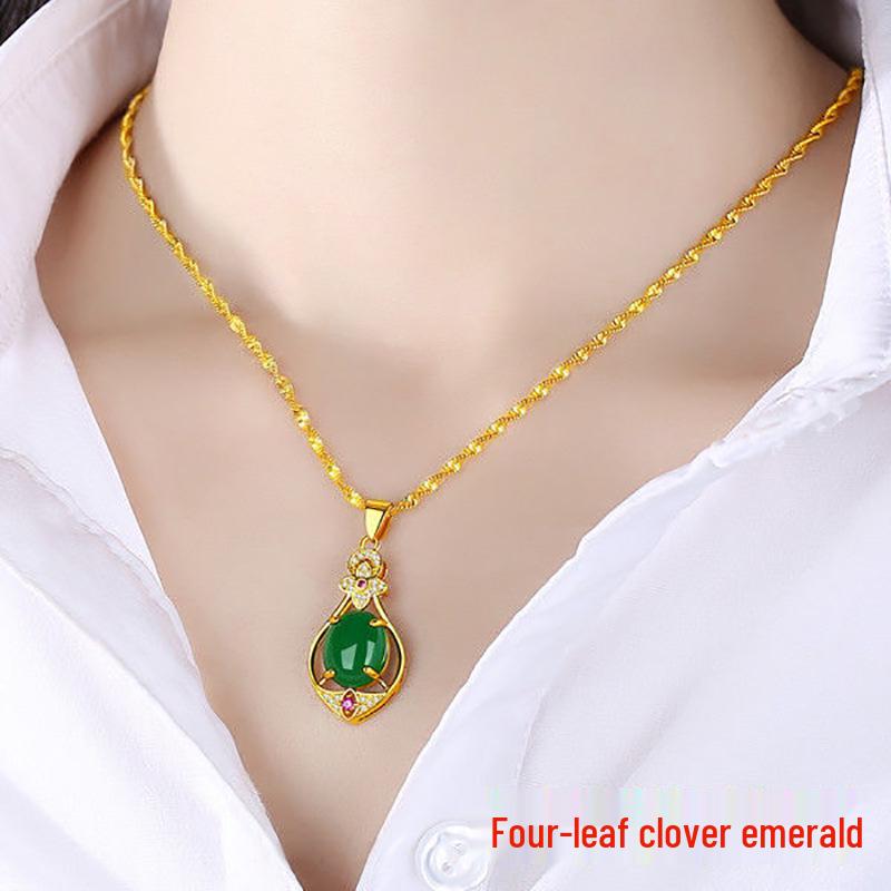 Gold-Plated Double Water Wave Necklace with Ruby & Emerald Pendant