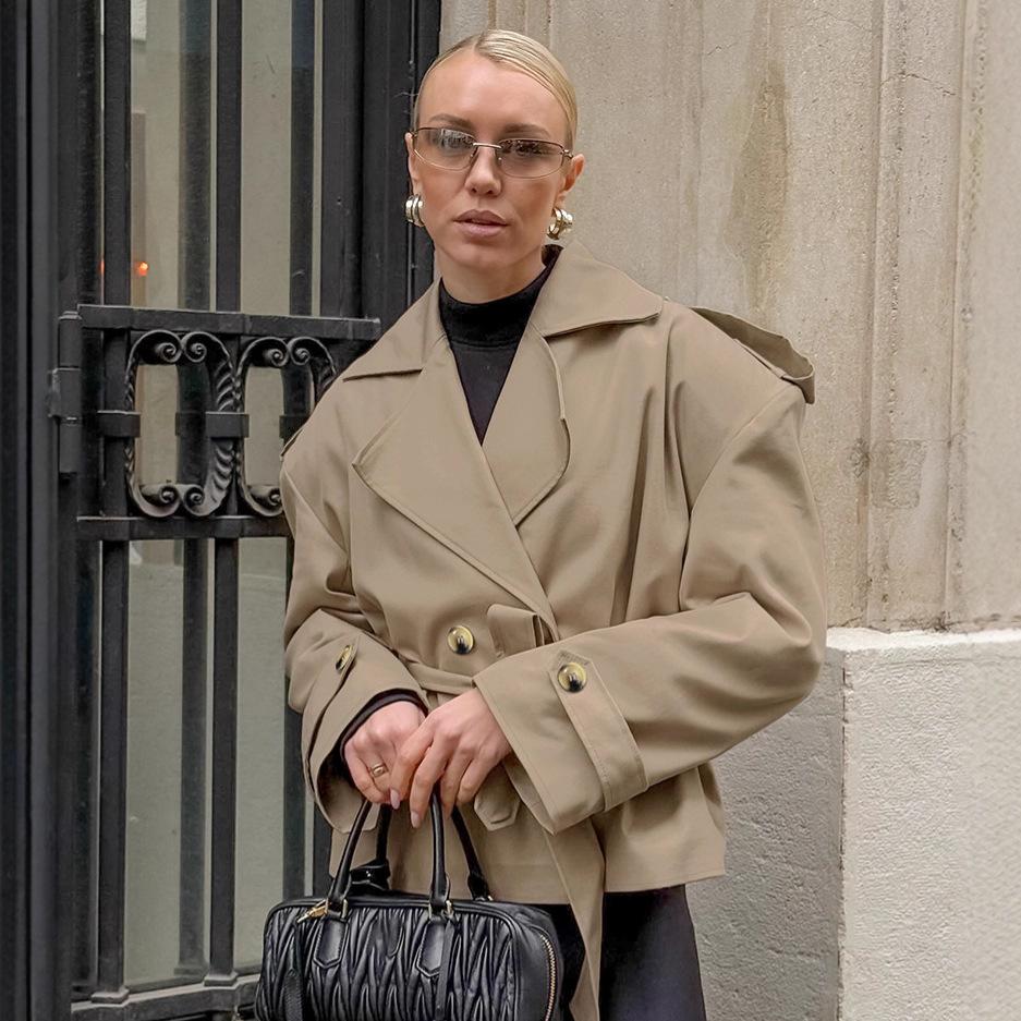 Women's Khaki Double Breasted Belted Trench Coat Short Jacket