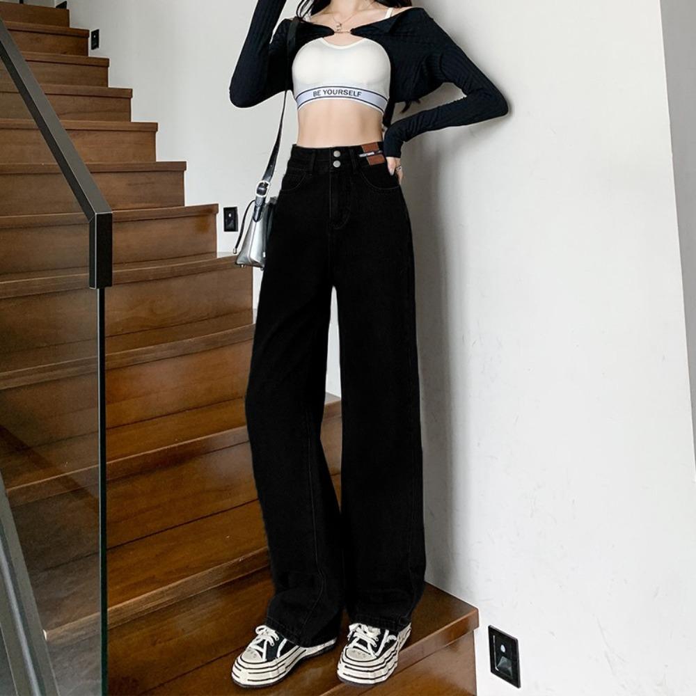 Hong Kong style high waist double buckle wide leg jeans women's spring and autumn new loose mopping casual straight jeans