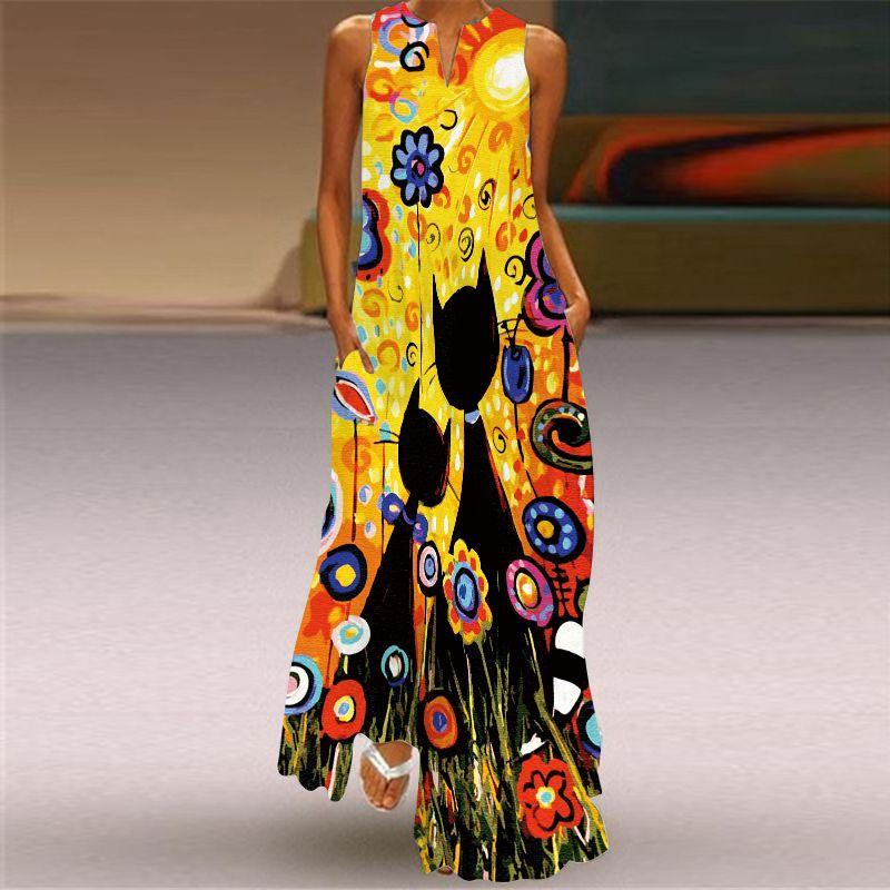 Fashion Style New Summer Women's Clothes Sleeveless Maxi Dress V-neck 3D Print Emerald Flower Dress Trendy Good Quality Beach Dress