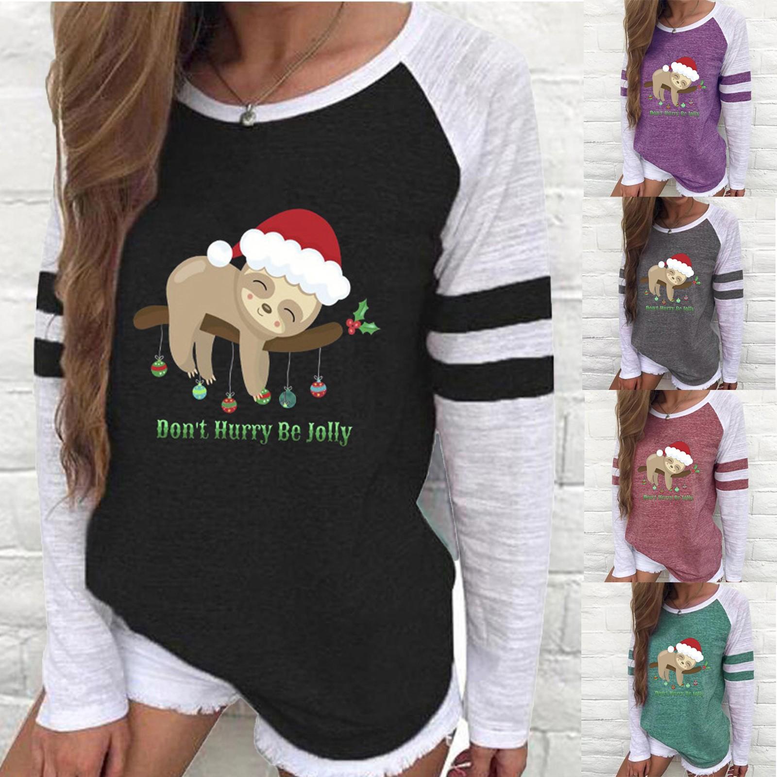 

Fashion Womens Christmas Print Long Sleeve Round Neck Casual Loose Tops