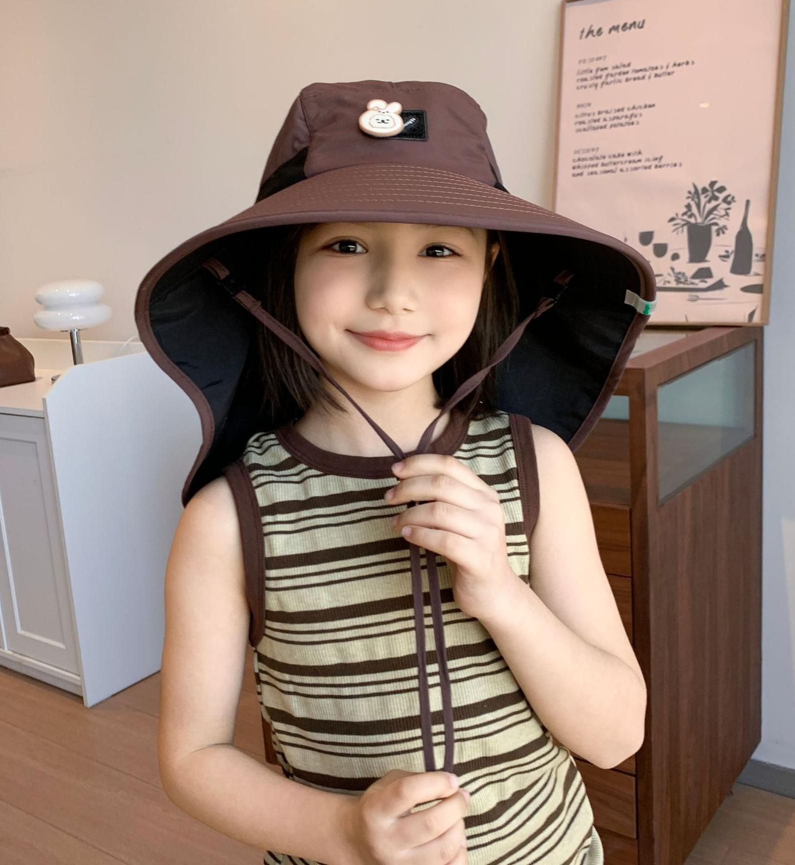 

Весняно-літні капелюхи для дівчаток хлопчиків сонцезахисний капелюх з шаллю капелюх-відро з широкими полями дитячий сонцезахисний для подорожей на відкритому повітрі корейський стиль сонцезахисний капелюх новий 49-54cm кавовий