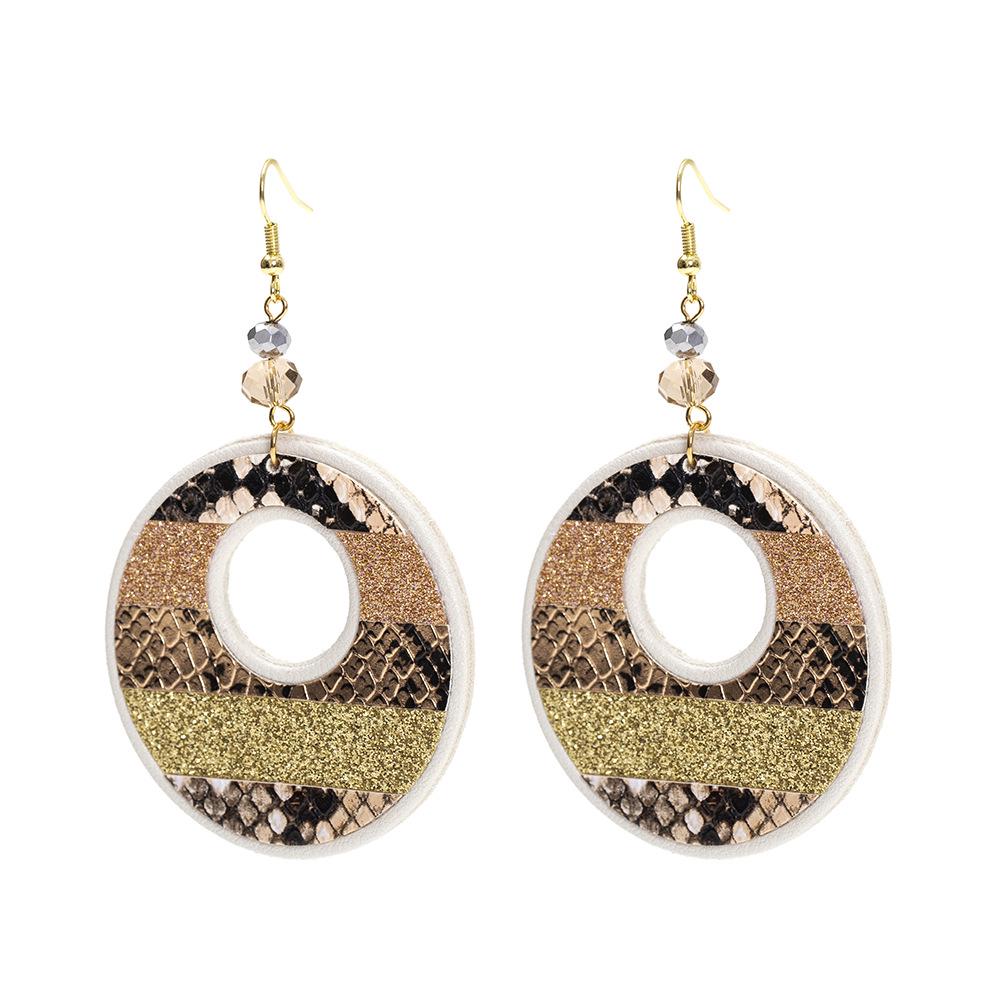 Women's Snakeskin Pattern Color Block Leather Earrings with Exaggerated Design and Round Hollow Water Drop Style