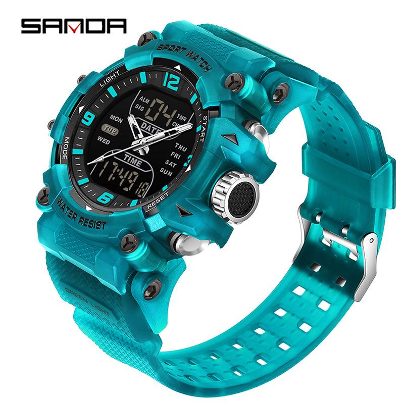 Sanda Dual-Movement Sports Watch with Countdown, Alarm, Night Light, Waterproof, and Multi-Function Features for Students.