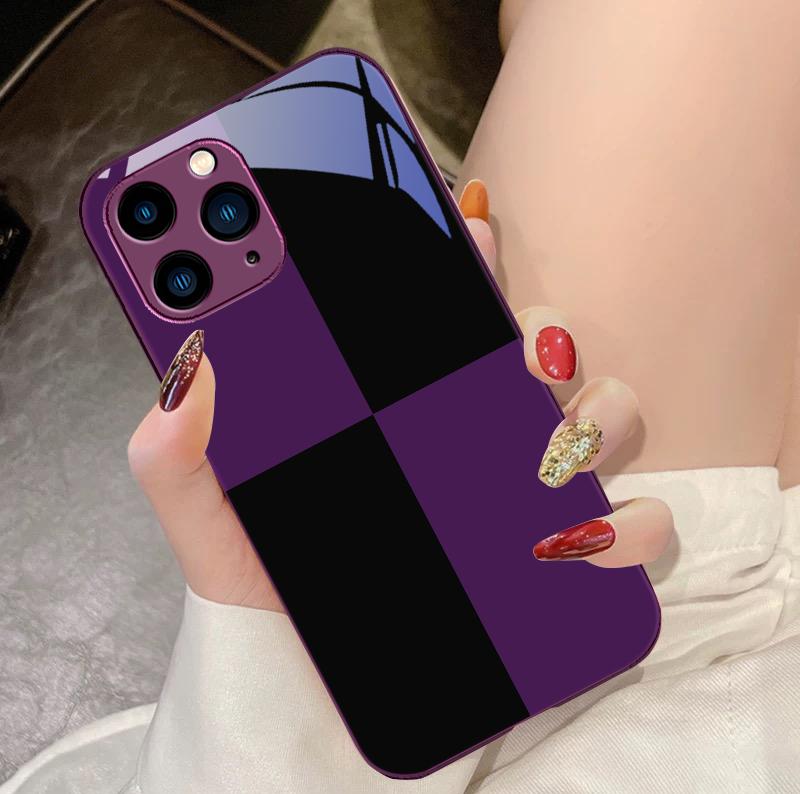 Schwarz-Weiß-Gitter Lila Für IPhone 16 Pro Max 15 Pro 14 13 12 Mini 11 XS Max XR 7 8 Plus SE 2022 Gehärtetes Glas Handyhülle