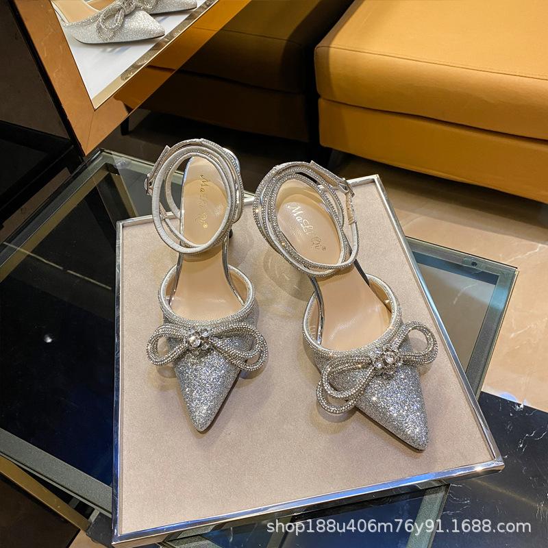 [Spot] High-heeled Women's 2025 New Pointed Rhinestone Bow Design Sense Niche Thin-heeled Sandals Women