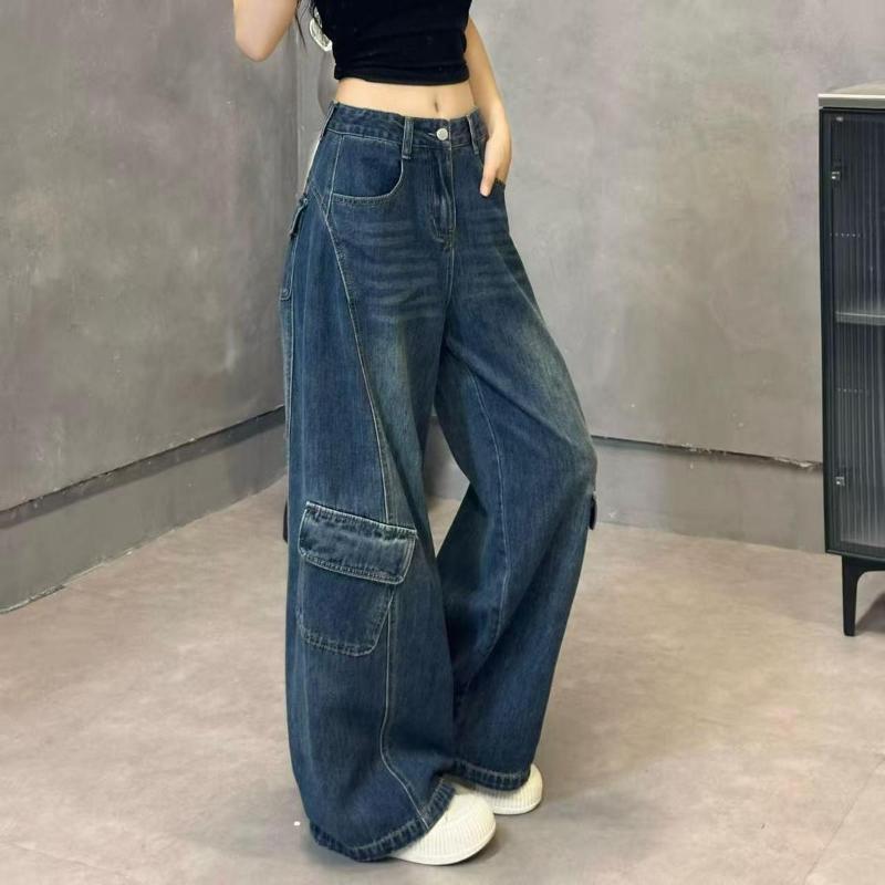 

Ретро Ленивые Джинсы широкие от бедра с лоскутным денимом с высокой талией Повседневные Свободные Прямые Универсальные Брюки S синий