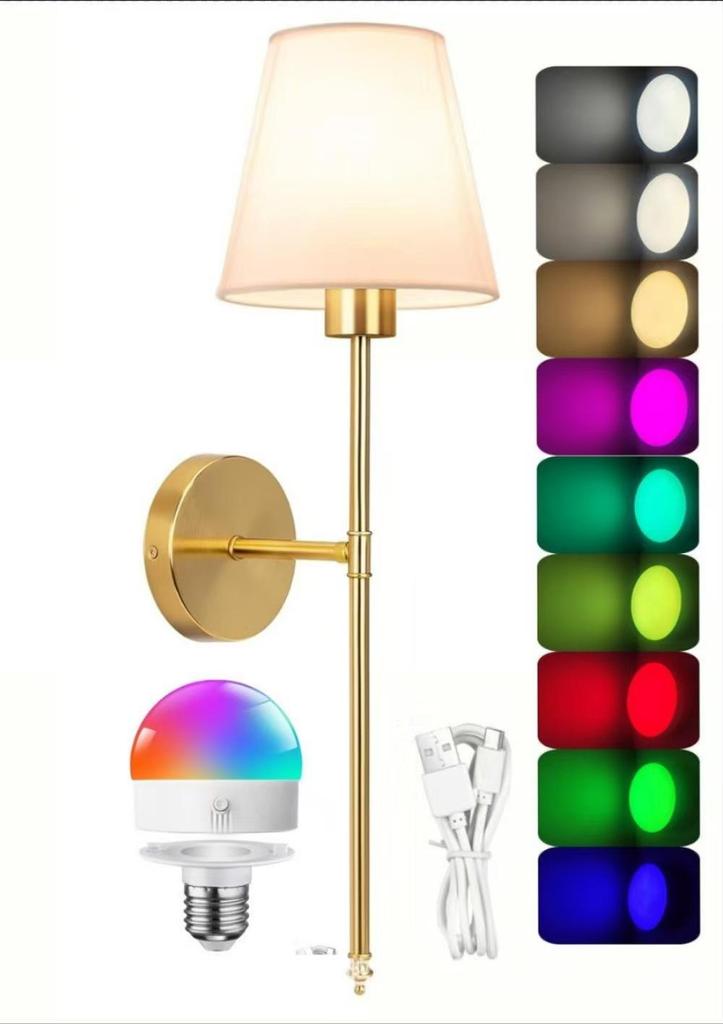 American-Style Wireless RGB Wall Lamp with Remote Control and Fabric Shade for Bedside, Living Room, or Stairwell