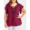 Lace V Neck Loose Women Blouse Large Size Lace-up Short Sleeve Shirts Ladies Solid Color Loose Sweet Office Elegant Fashion Simple Clothing