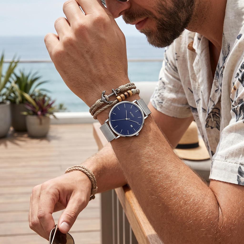 BUREI Japanese Date Blue Stainless Silver Wristwatch Men's Watch, Quartz, Waterproof, Display, Steel, Simple, Stylish, Business,