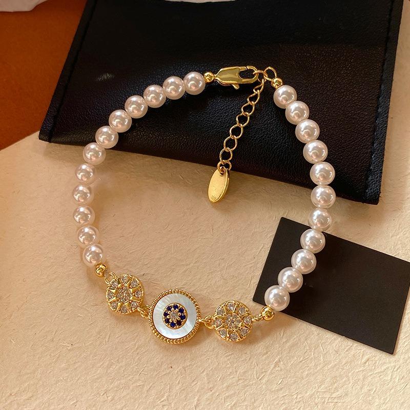 K real gold electroplated zircon pearl beaded bracelet French retro exquisite bracelet light luxury high-end jewelry women