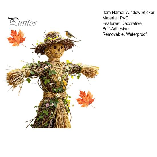 Holiday Party Window Ornament Scarecrow Stickers with Realistic Maple Leaf, Pastoral Decals, Waterproof Farmhouse Fall Decorations PVC Static