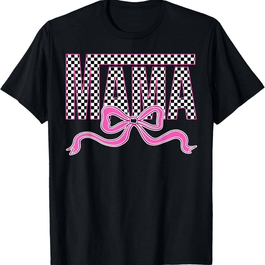 Checkered Pink Bow Mama Graphic Tshirt Breathable Cotton Short Sleeve Crewneck Tee Daily Wear