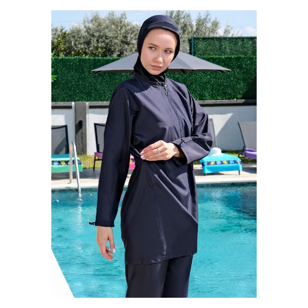 Schwarzer, vollständig bedeckter, wasserabweisender, schnell trocknender Hijab-Badeanzug mit seitlich verstellbarem Reißverschluss