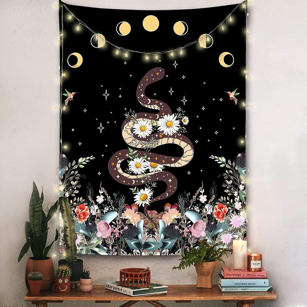 Garden tapestry moon phase tapestry flowers vines black background cloth home decoration wall carpet hanging cloth