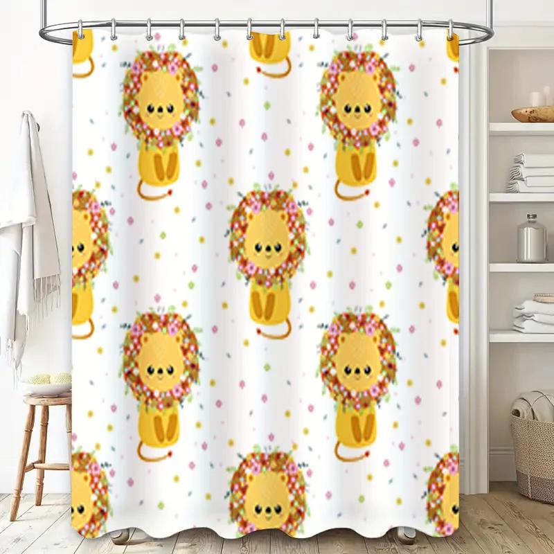 Cute Animal Shower Curtain Yellow Lion with Flower Crown Pattern for Bathroom Decor White Fabric Waterproof Bath Liner (180x240c