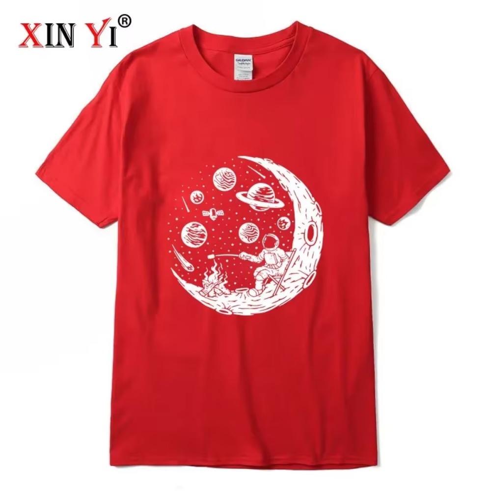 XIN YI Herren T-Shirt Hohe Qualität 100% Baumwolle Lustiger Astronaut Mond Barbecue Druck Lässig Locker Cool Herren O-Ausschnitt T-Shirt Tee Tops