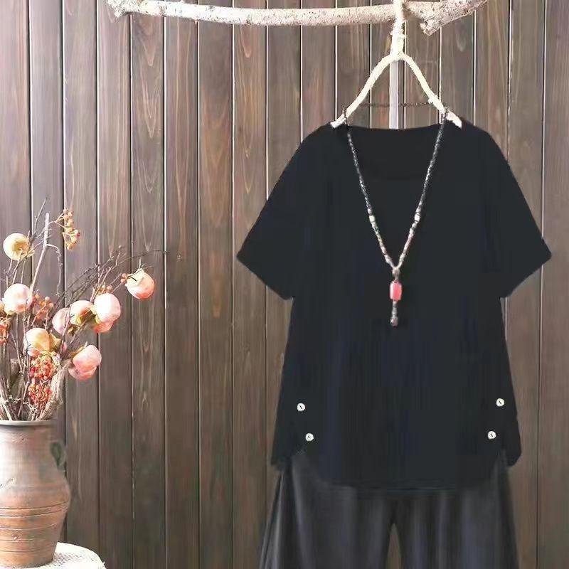 Women's Summer 2024 Cotton & Linen Retro Japanese T-Shirt - Short-Sleeve, Large Size, Casual Ethnic Style