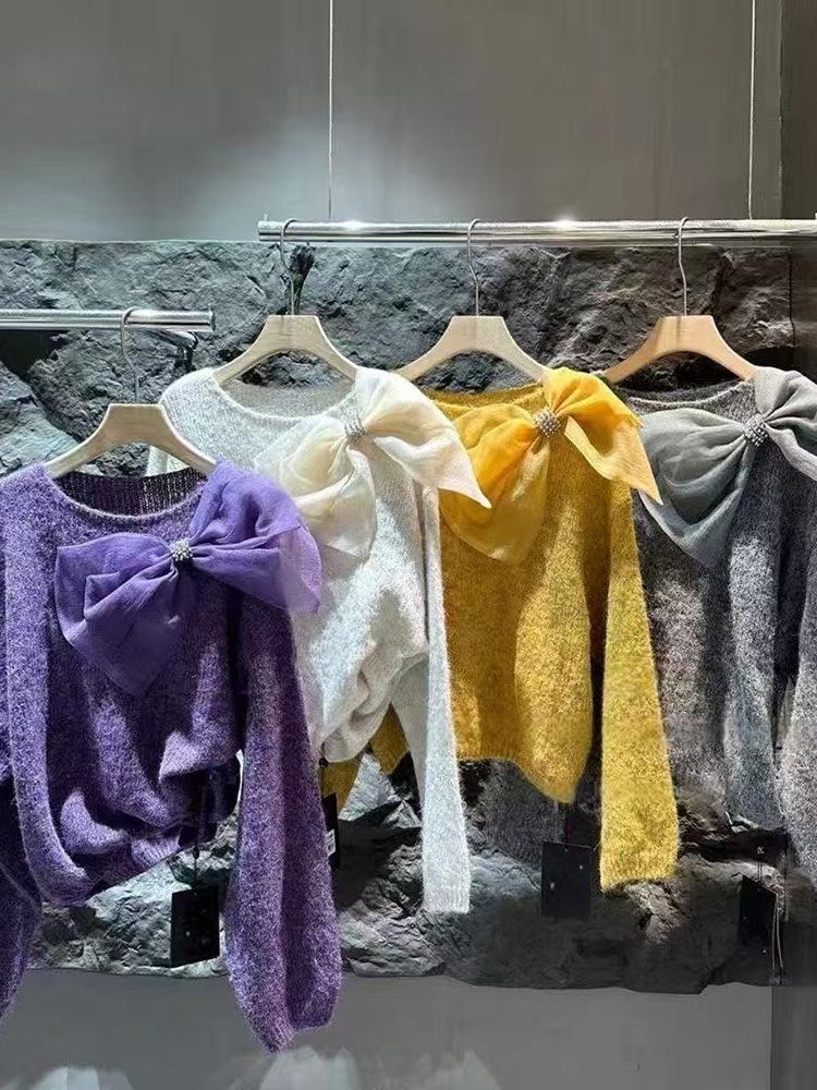 Elegant Bow Knit Sweater - Women's Fashionable Autumn/Winter Base Layer Knitwear