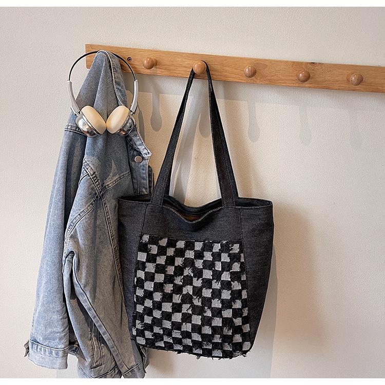 Winter 2025 Plaid Washed Denim Embroidered Handbag - Large Capacity Shoulder Bag