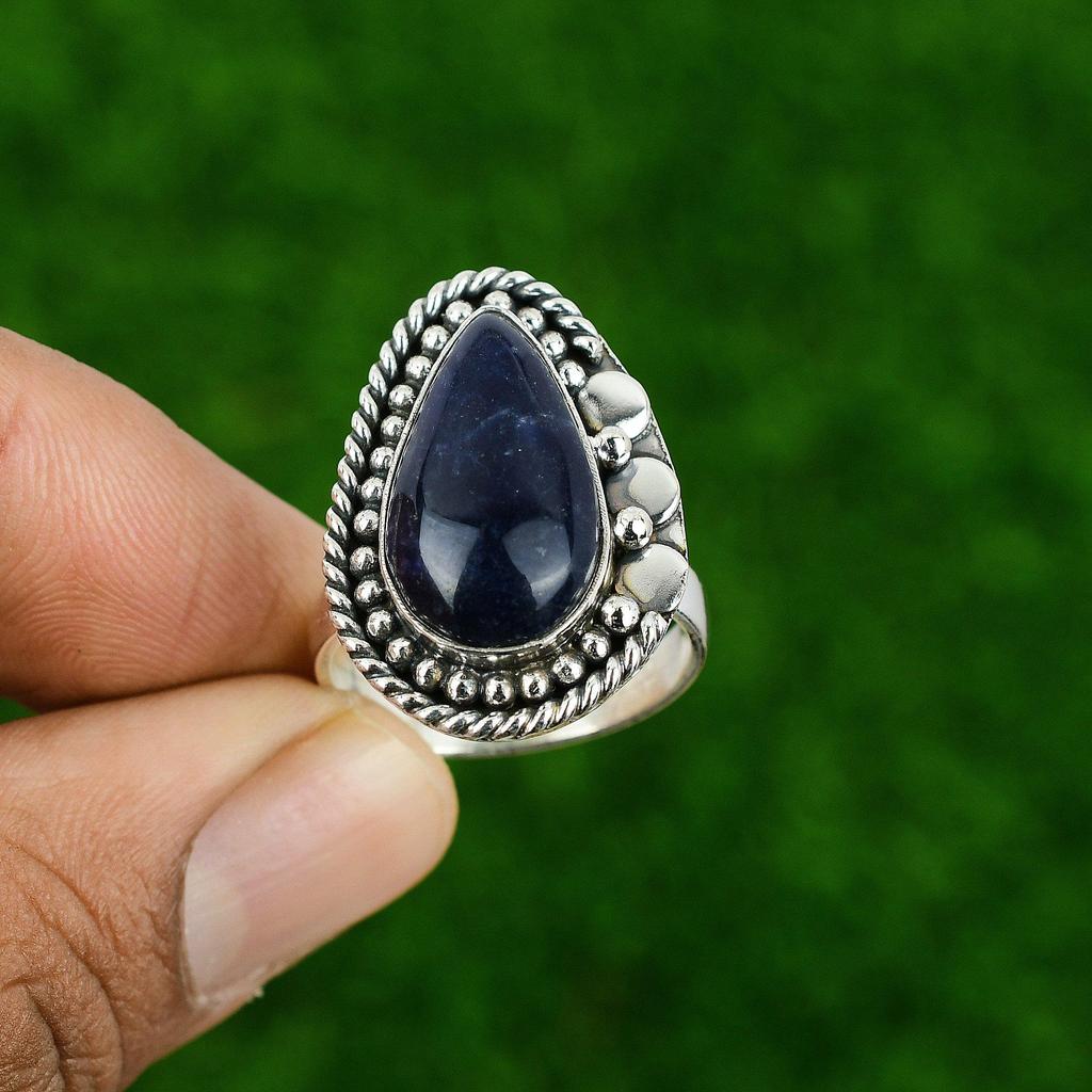 Sodalite Gemstone 925 Silver Engagement Handmade Statement Bezel Ring Jewelry