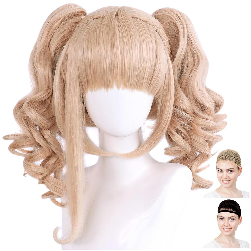 CaseEden Cosplay Wig, Short, with Bun, Curly Hair, Heat Resistant, Blonde, Gold, Included, Set of 2 Wig Nets