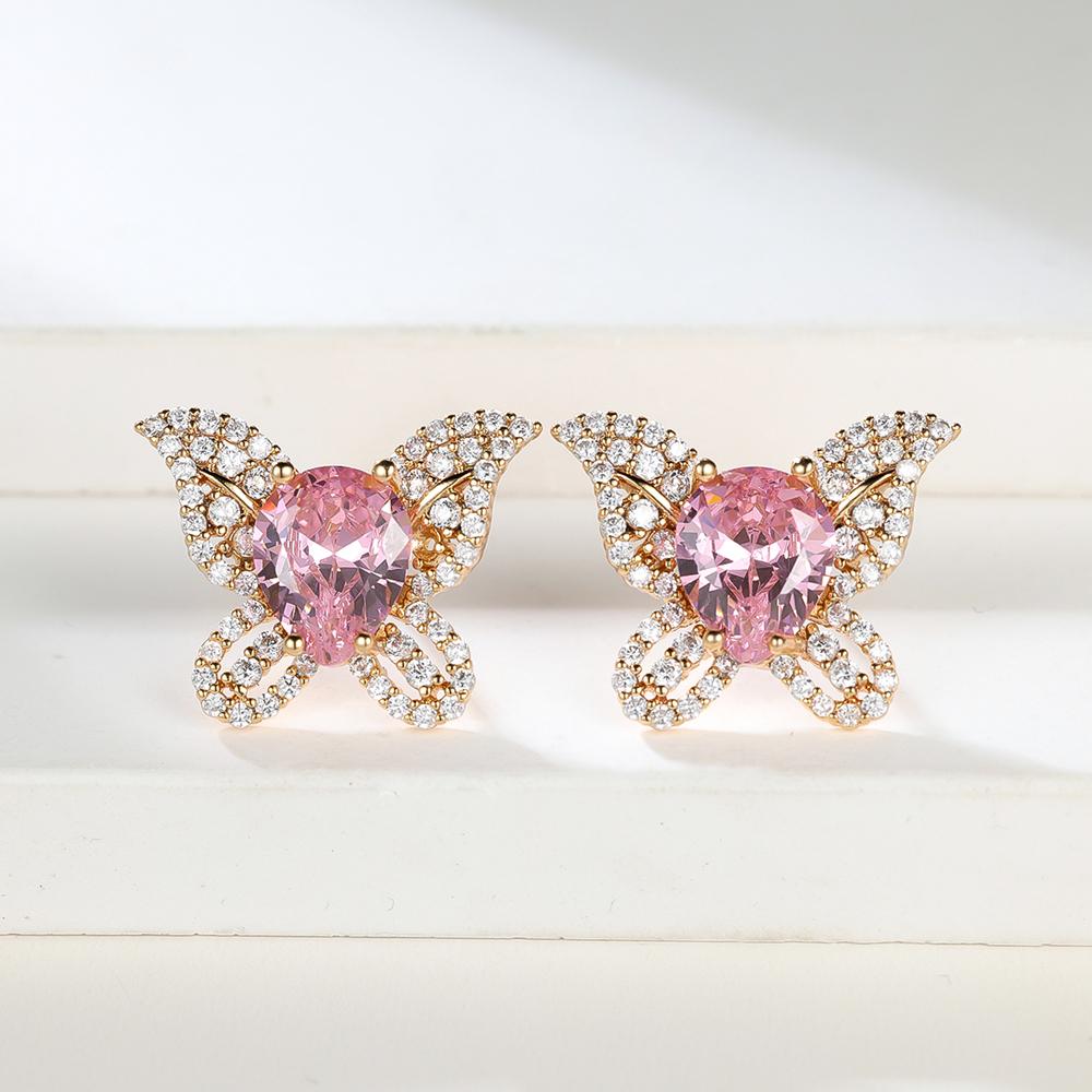 

Изысканные серьги-пусеты в виде бабочек с розовым цирконом для женщин и девушек, роскошные золотистые, свадебные, для вечеринок, подарок розовый/золотой